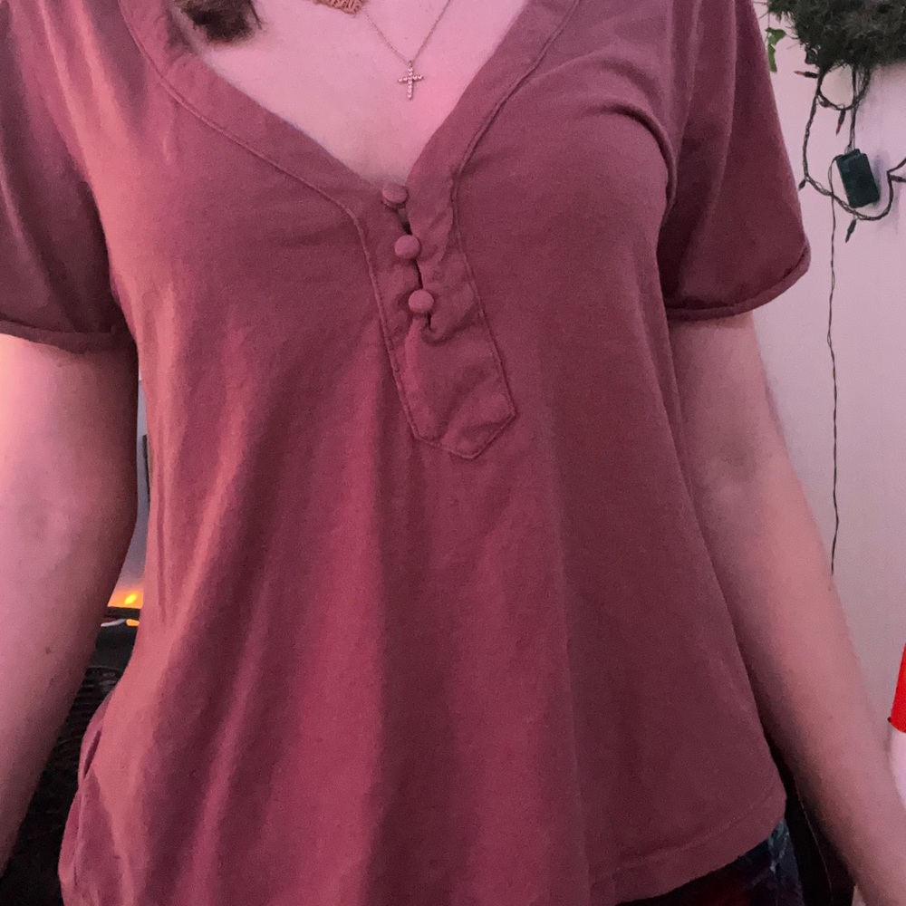 Pink v neck button top